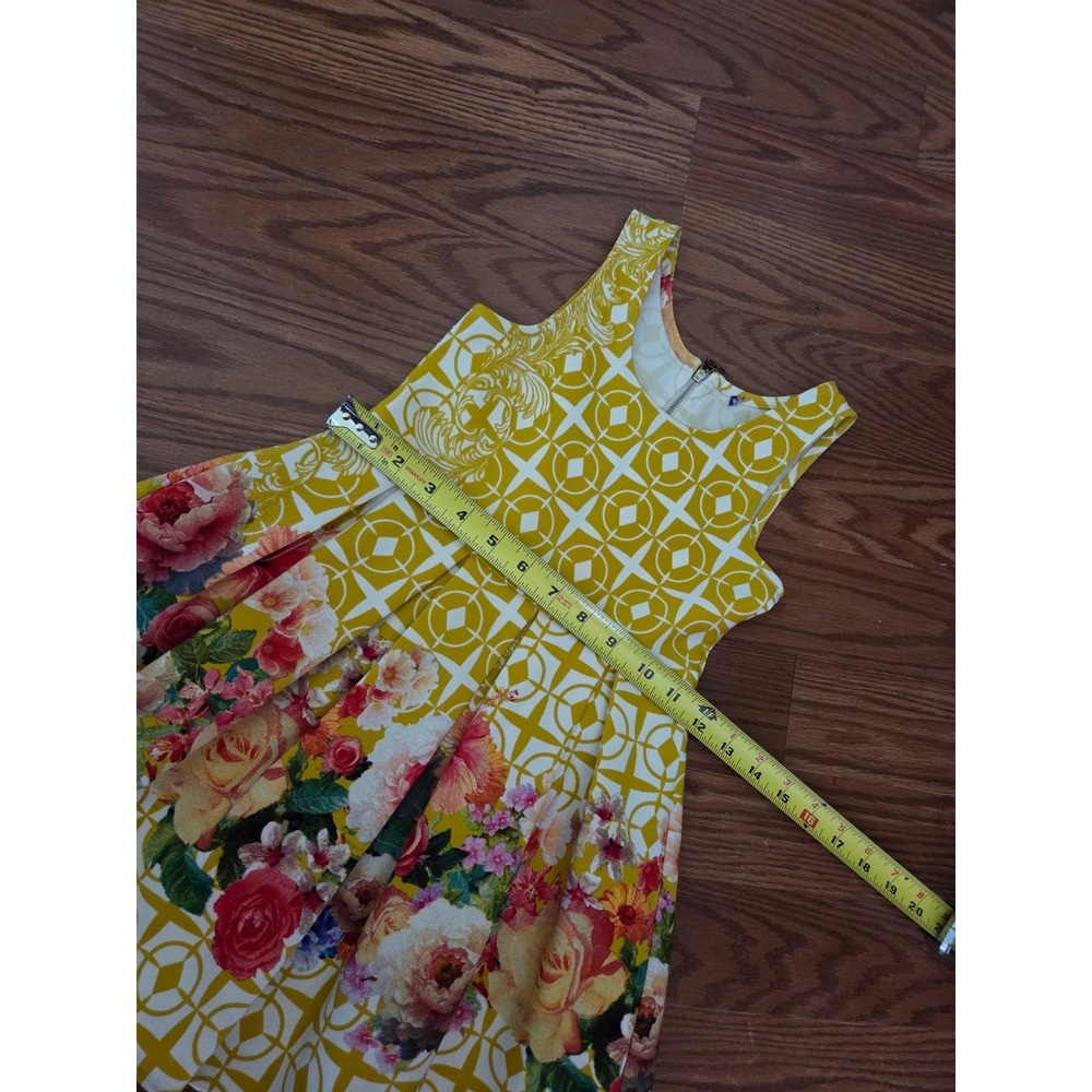 Girls Yellow Geometric Floral Sleeveless Pleated Fit and Flare Party Dress - Picture 2 of 8